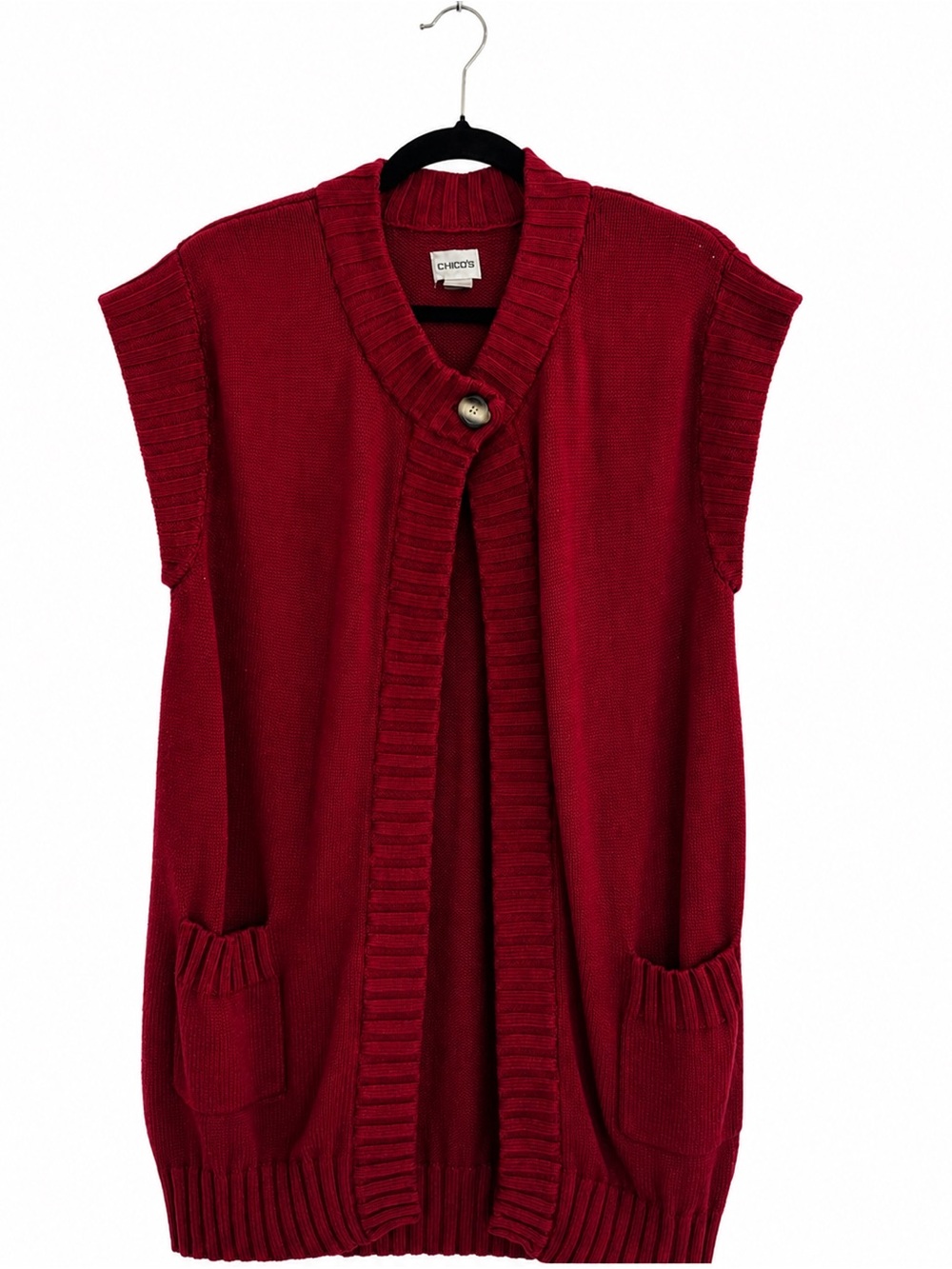 Chico’s Red Longline Sweater Vest Button Front Pockets Size 2 Large